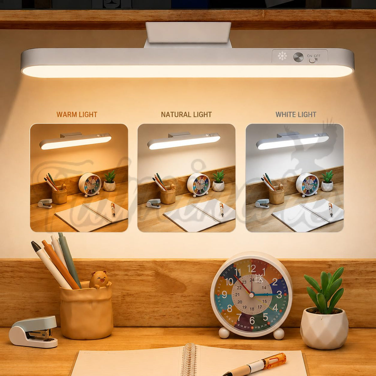 A white LED desk lamp with adjustable brightness and color modes (warm, natural, and white light) shown illuminated above a wooden desk. The image includes three inset panels demonstrating the light output in different modes, with a clock, plant, and stationery arranged below.