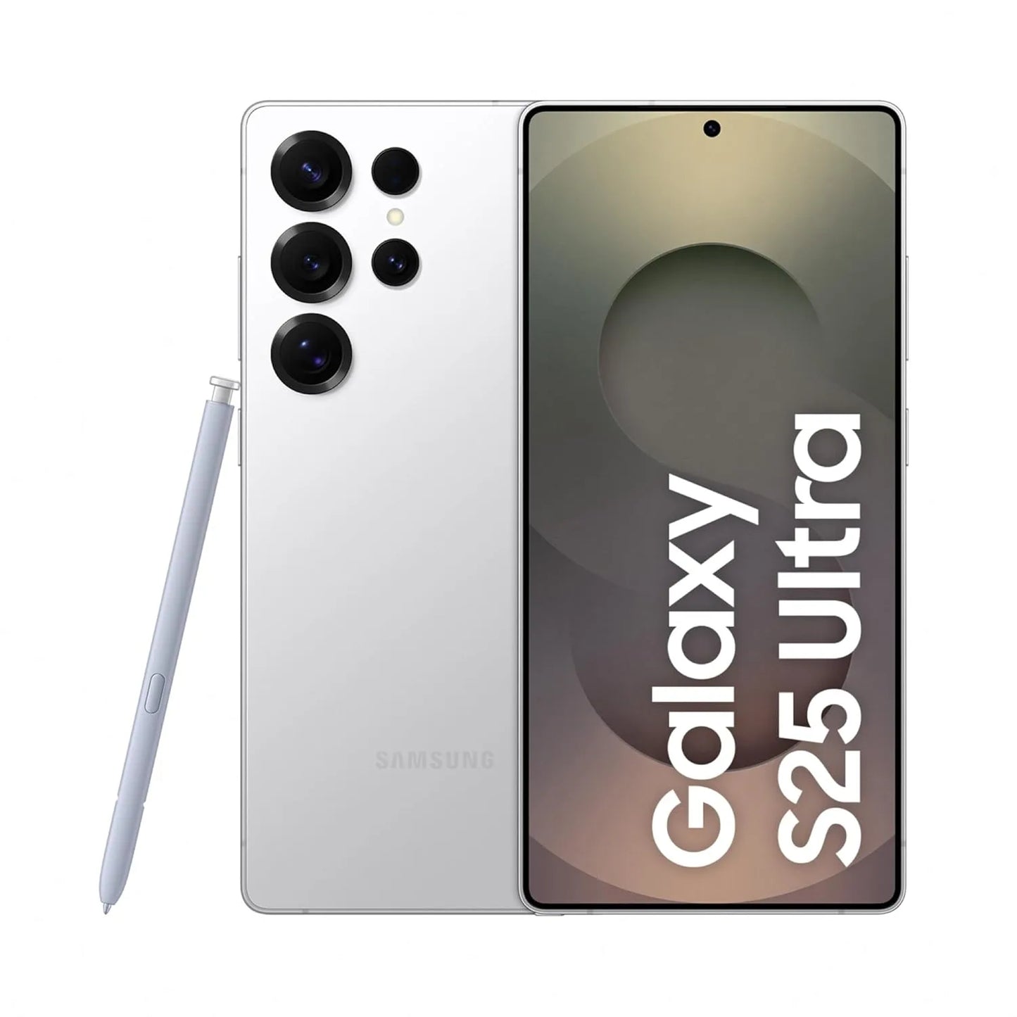 Samsung Galaxy S25 Ultra smartphone with stylus on a white background
