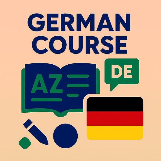 German course promotion with book, speech bubble, pen, and German flag on a beige background