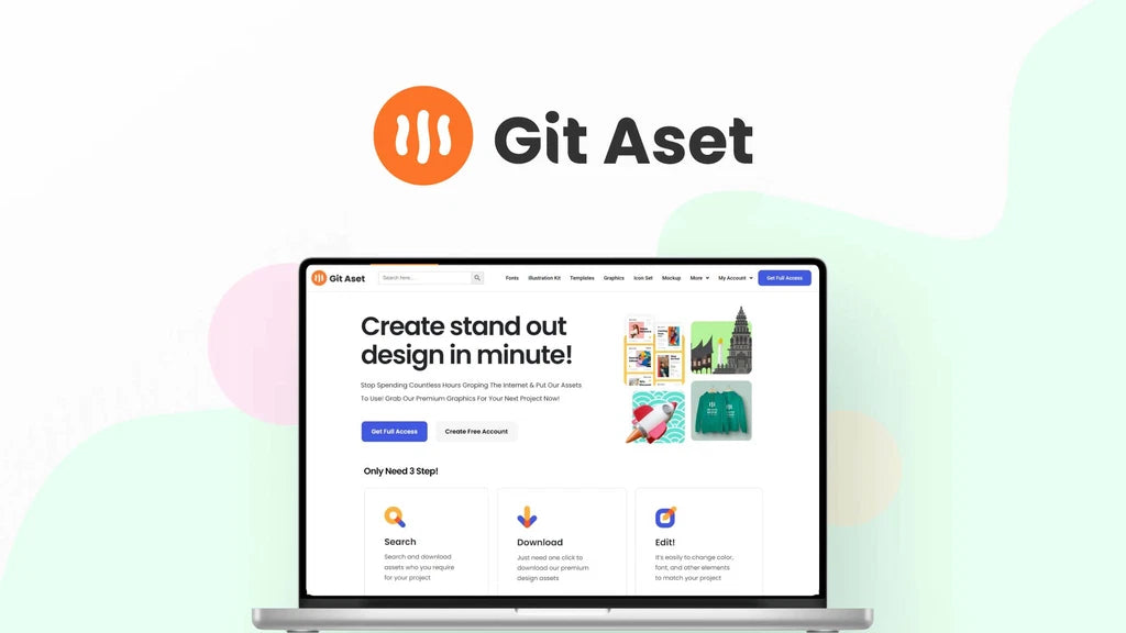 Laptop displaying the Git Aset website with colorful abstract design in the background