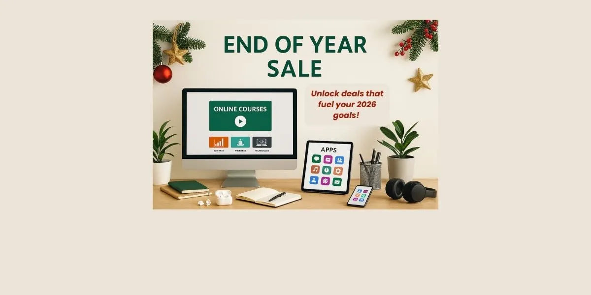 End of year sale advertisement with computer and tablet on a desk, Christmas decorations, and text overlay.
