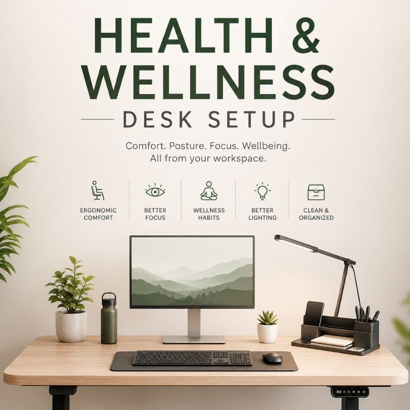 A styled home office desk setup with a computer monitor, keyboard, mouse, desk lamp, pens, and small potted plants, under large text reading 'HEALTH & WELLNESS DESK SETUP' with feature icons and labels.