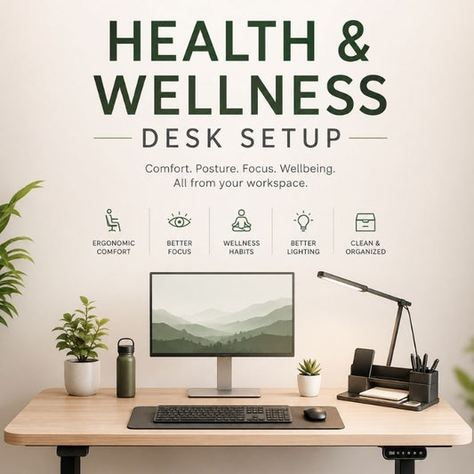 A styled home office desk setup with a computer monitor, keyboard, mouse, desk lamp, pens, and small potted plants, under large text reading 'HEALTH & WELLNESS DESK SETUP' with feature icons and labels.