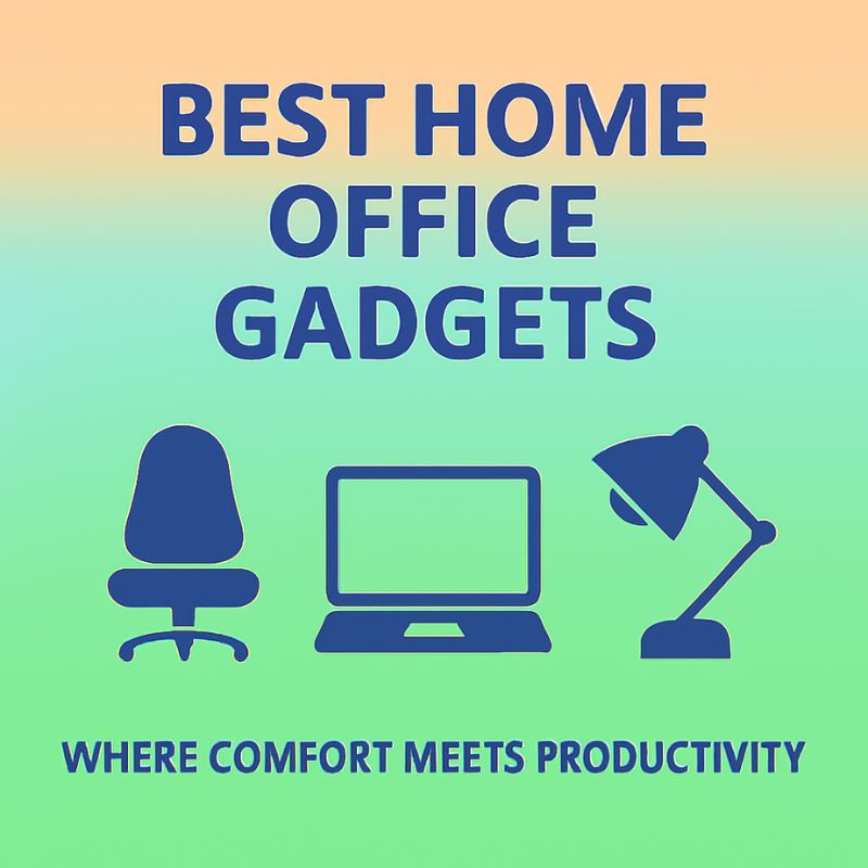 Promotional graphic for best home office gadgets with chair, computer, and lamp icons on a gradient background.