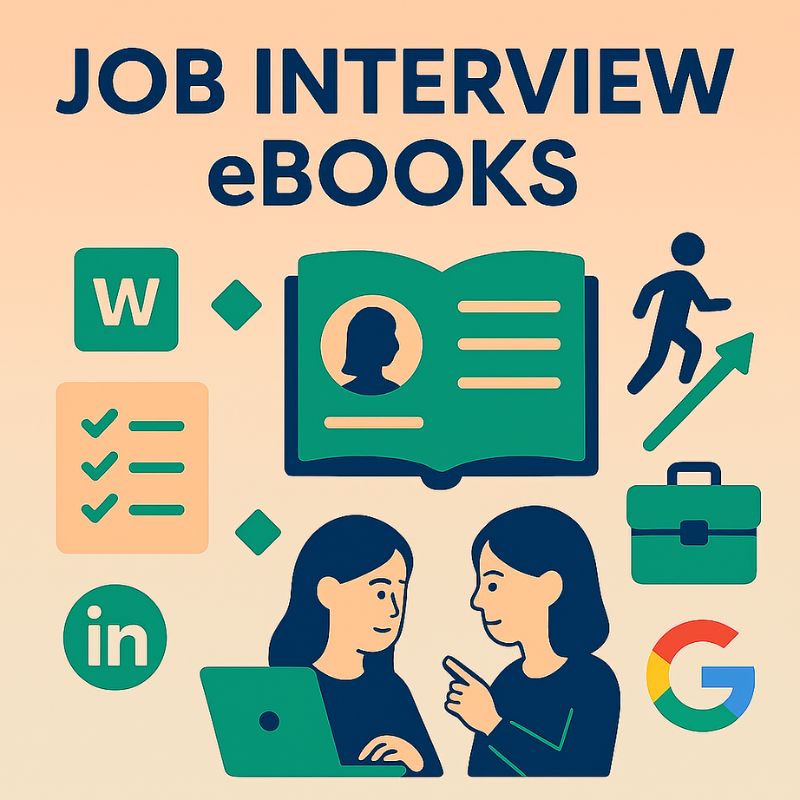 Promotional graphic for job interview ebooks with icons and people interacting.