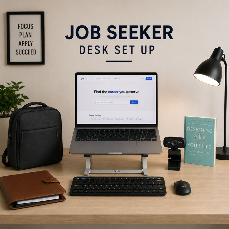 A styled desktop setup on a light wood desk with a laptop on a stand, keyboard, mouse, black backpack, lamp, webcam, notebook, and a teal book. Large wall text reads 'JOB SEEKER DESK SET UP' above the desk.