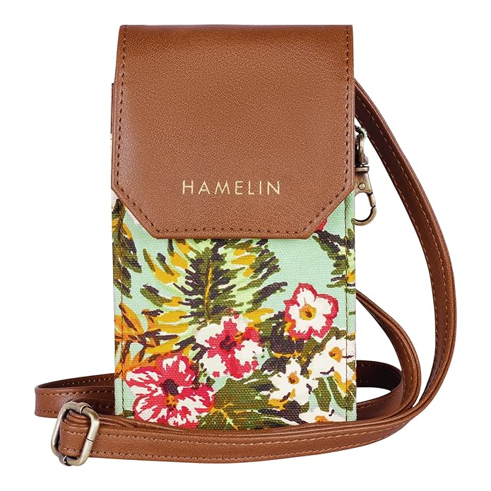Floral patterned crossbody bag with brown leather top and strap, featuring the brand 'Hamelin'.