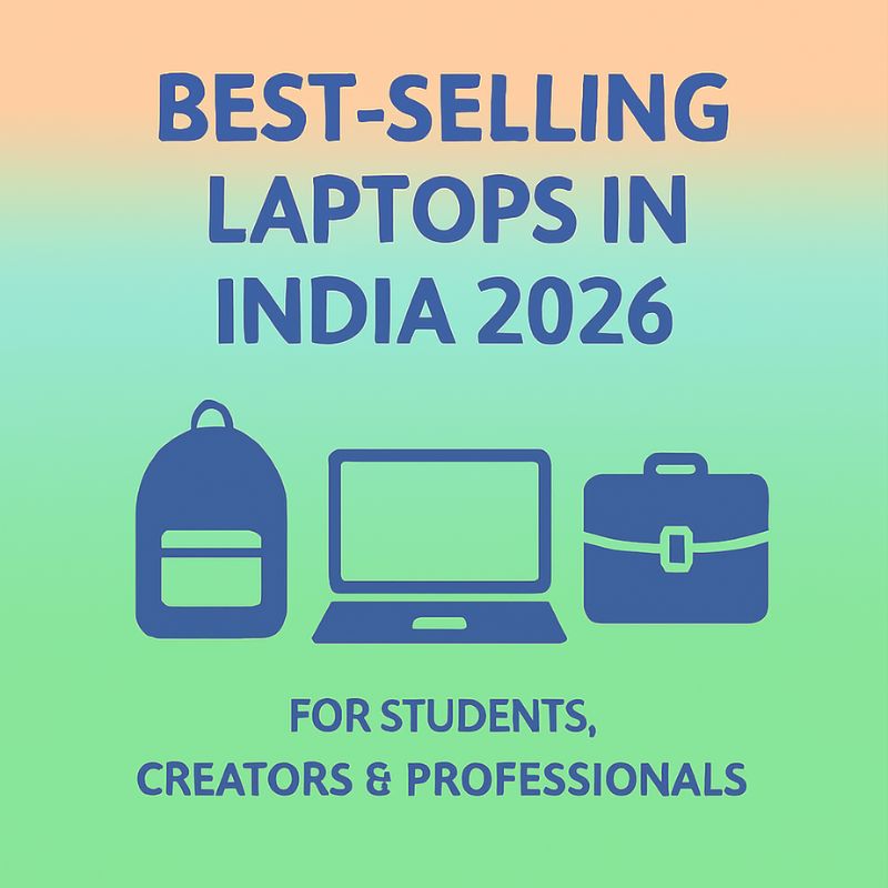 Promotional graphic for best-selling laptops in India 2026, featuring a laptop, backpack, and briefcase on a gradient background.