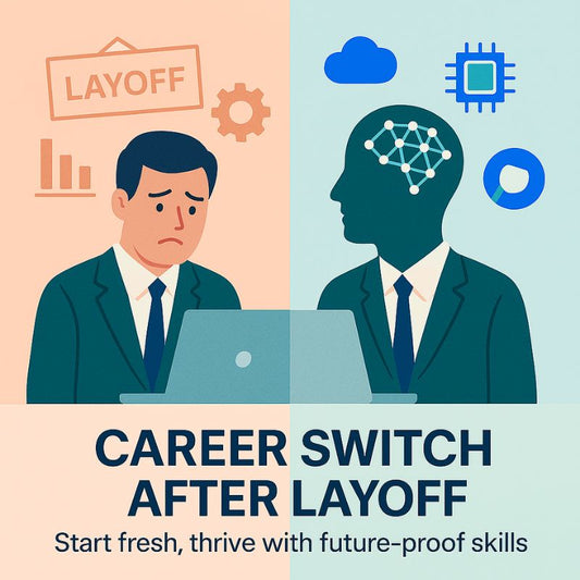 Illustration of a man looking sad with a 'Layoff' sign, transitioning to a person with a brain icon and 'Career Switch After Layoff' text.