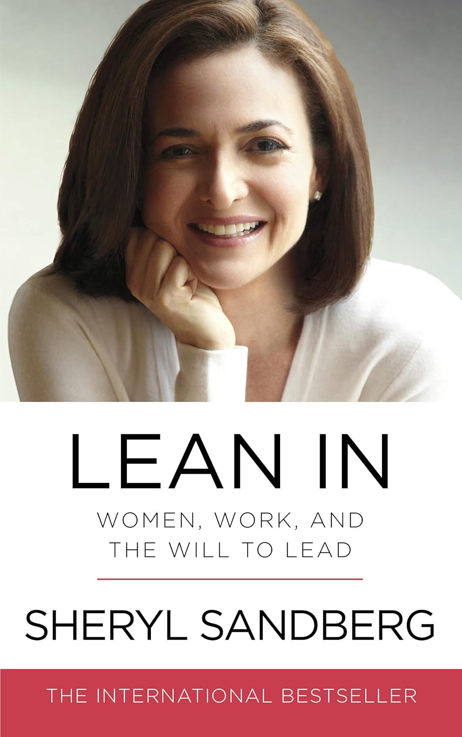 Book cover of 'Lean In' by Sheryl Sandberg with a portrait of the author.