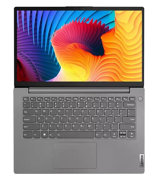 Gray laptop with colorful display on a white background