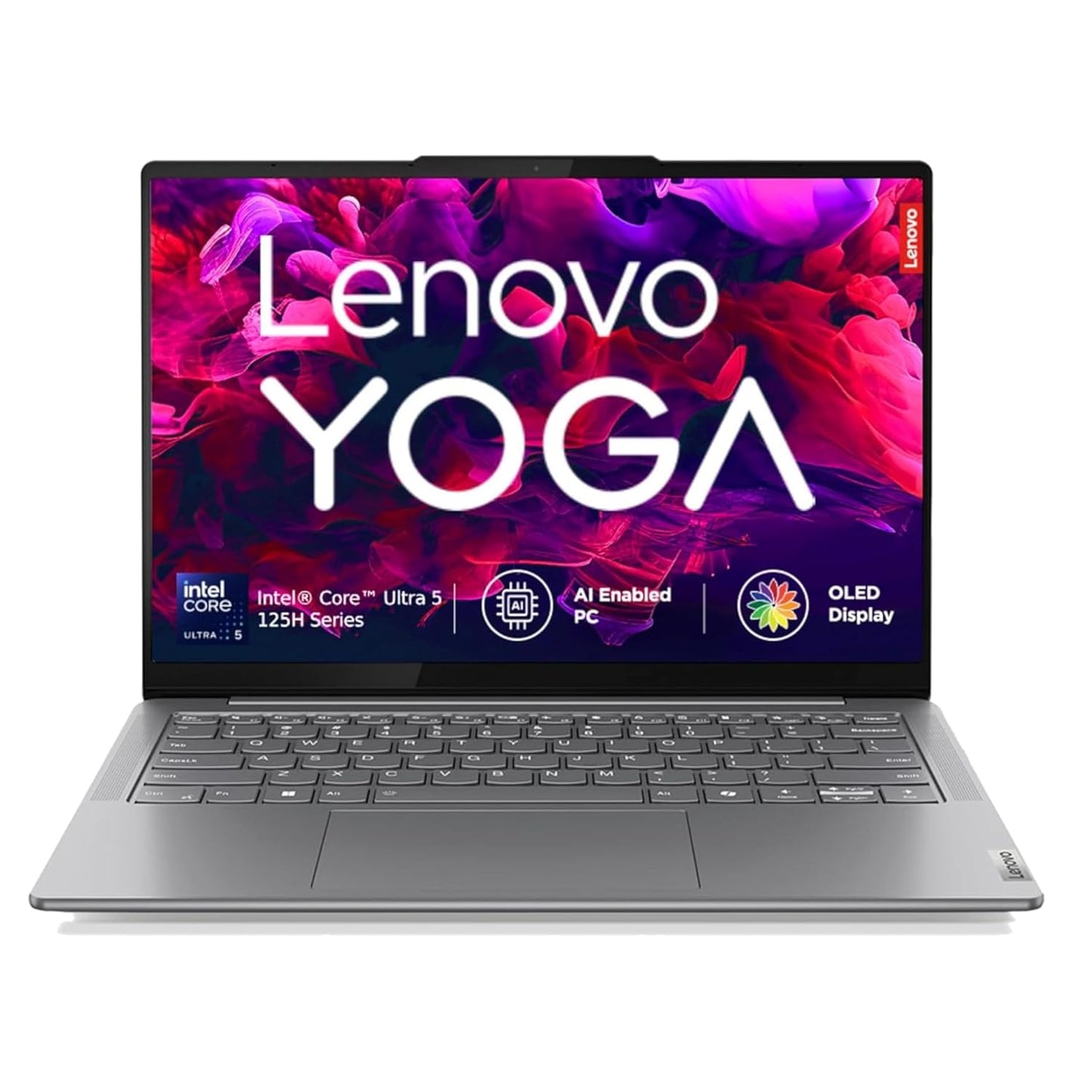 Lenovo Yoga laptop with colorful display on a white background