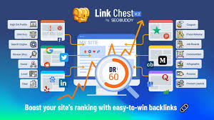 Promotional graphic for Link Chest with various backlink icons and a DR 60 indicator on a blue background.