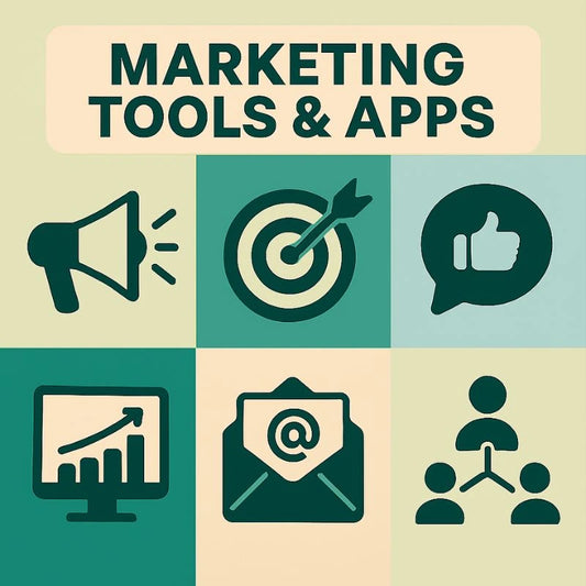 Icons representing marketing tools and apps on a green and beige background