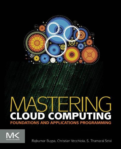 Book cover of 'Mastering Cloud Computing' with colorful gears on a black background
