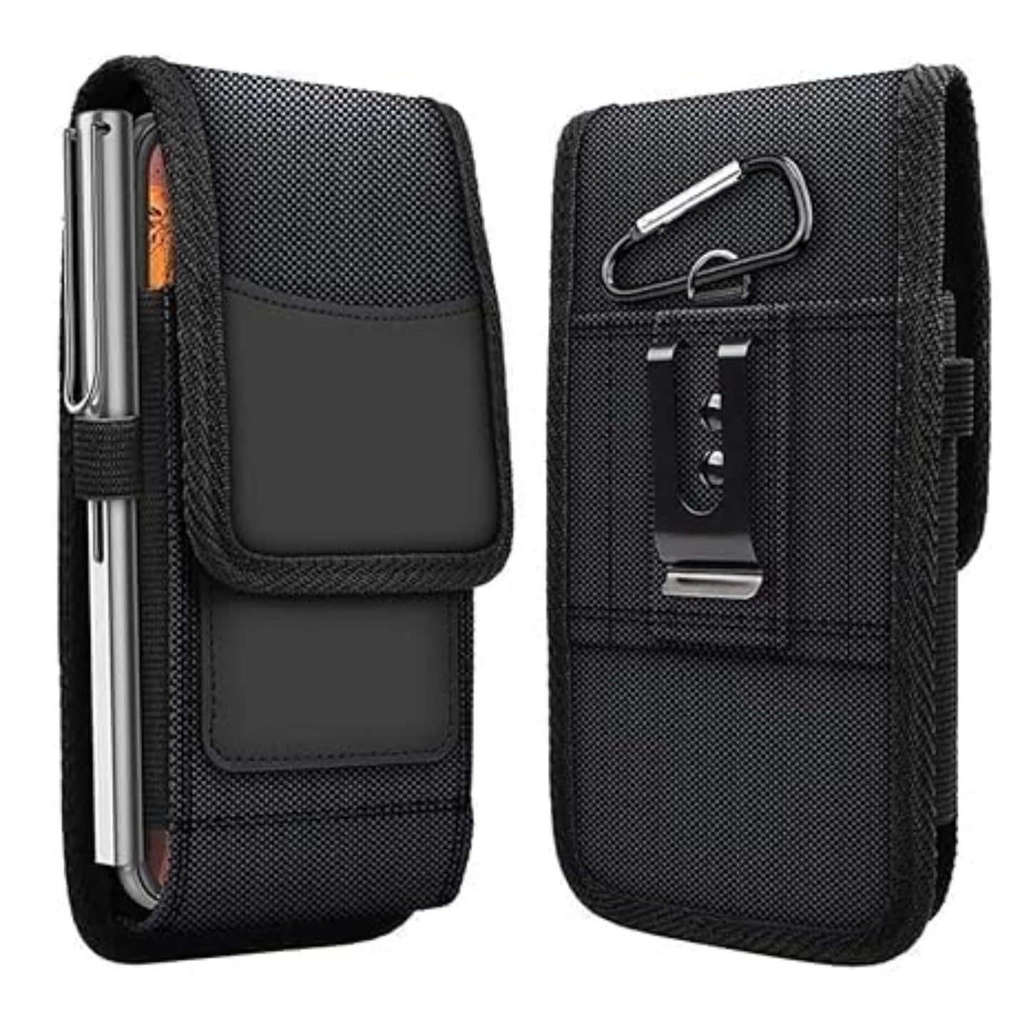 Black phone holster with clip on a white background