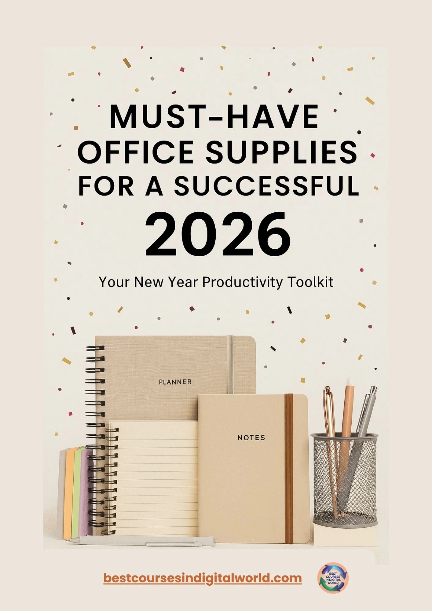 Promotional graphic for must-have office supplies with notebooks and a pen holder on a light background.