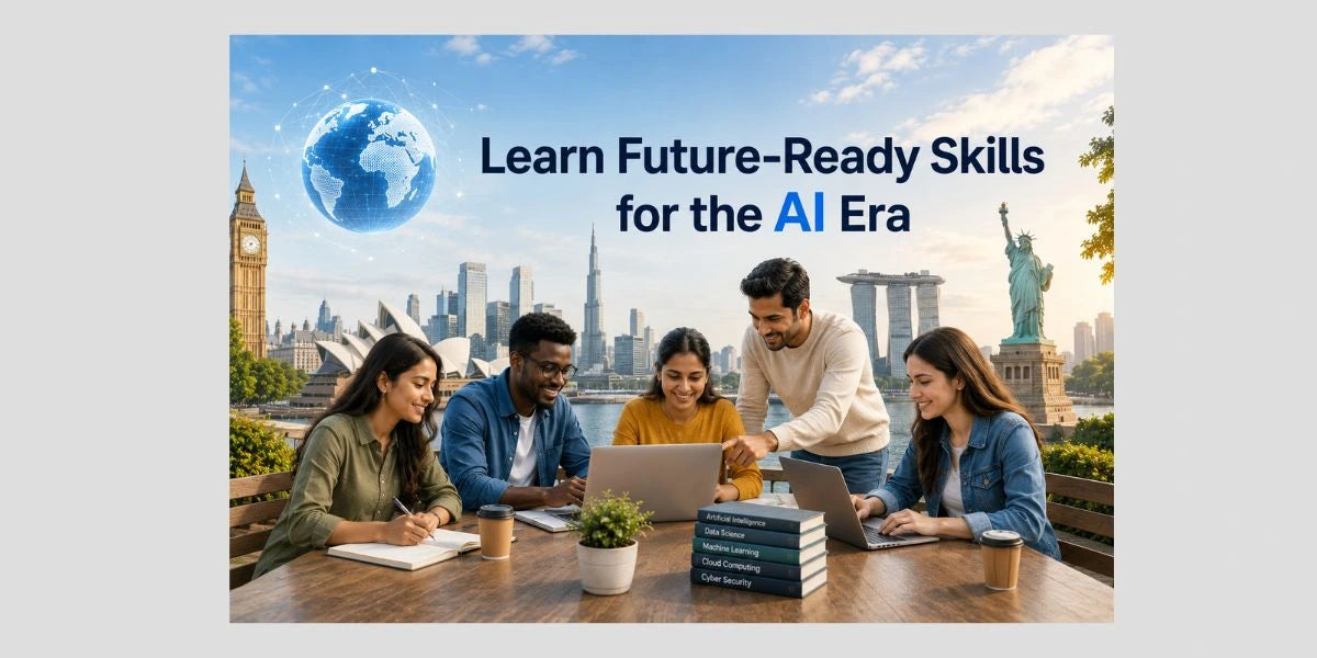 Group of people learning together with text about future-ready skills for the AI era, set against a cityscape background.