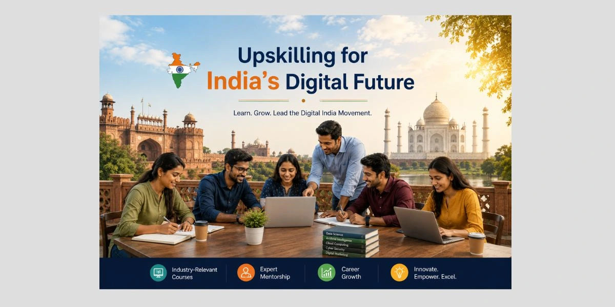 Promotional graphic for 'Upskilling for India's Digital Future' with people working on laptops in front of the Taj Mahal.