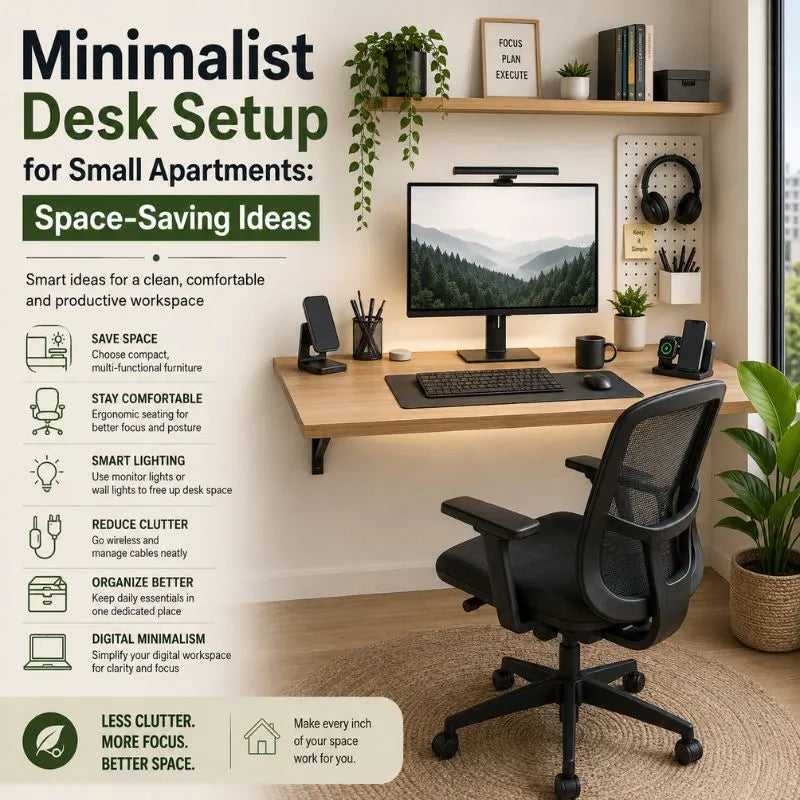 A minimalist desk setup in a bright, small apartment workspace. The setup includes a light wood desk with a black computer monitor, keyboard, mouse, and speakers, a black mesh office chair, a black coffee mug, and a black rug.