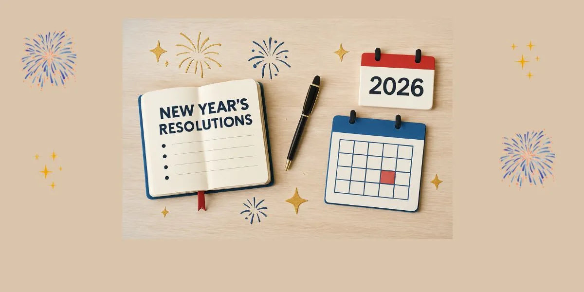 New Year's Resolutions notebook with a calendar for 2026 on a beige background with decorative elements.