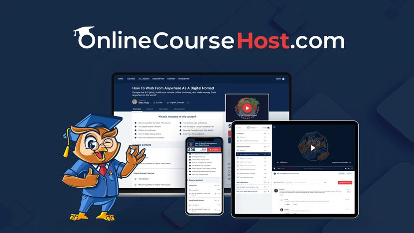 OnlineCourseHost.com branding with a mascot and digital devices on a blue background