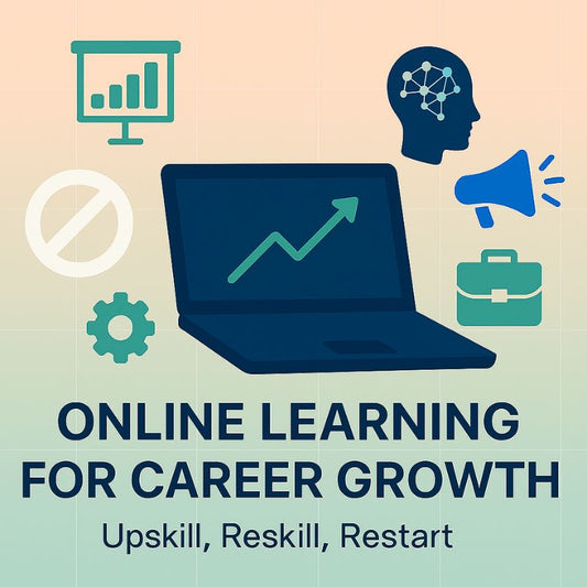 Laptop with career growth icons and text on a gradient background