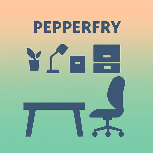 Office furniture icons with 'Pepperfry' branding on a gradient background