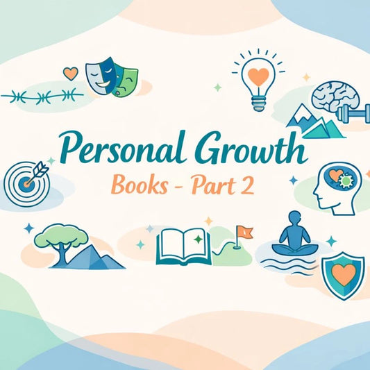 image on 'Personal Growth Books Part 2' text and various icons on a light blue background