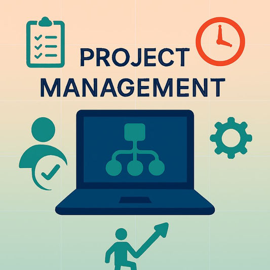 Project management graphic with laptop, people, clock, checklist, and gear icon on a gradient background.