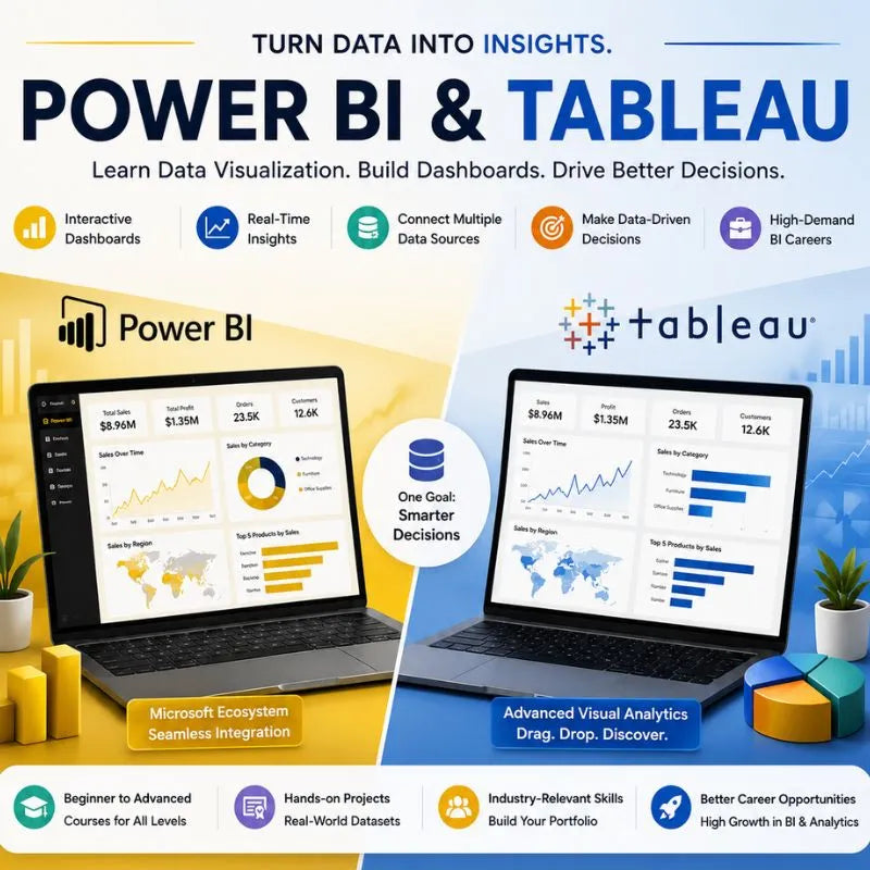 Promotional graphic for Power BI and Tableau, showing two laptops with data visualization dashboards on a split yellow and blue background. Large text reads 'POWER BI & TABLEAU' with smaller copy about turning data into insights, plus feature icons and Microsoft and Tableau logos.