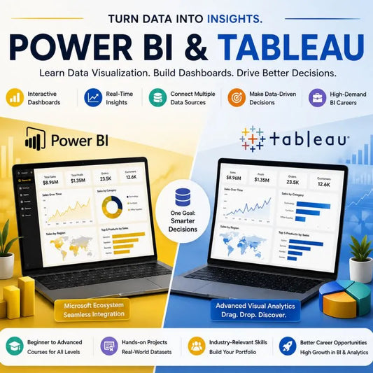 Promotional graphic for Power BI and Tableau, showing two laptops with data visualization dashboards on a split yellow and blue background. Large text reads 'POWER BI & TABLEAU' with smaller copy about turning data into insights, plus feature icons and Microsoft and Tableau logos.