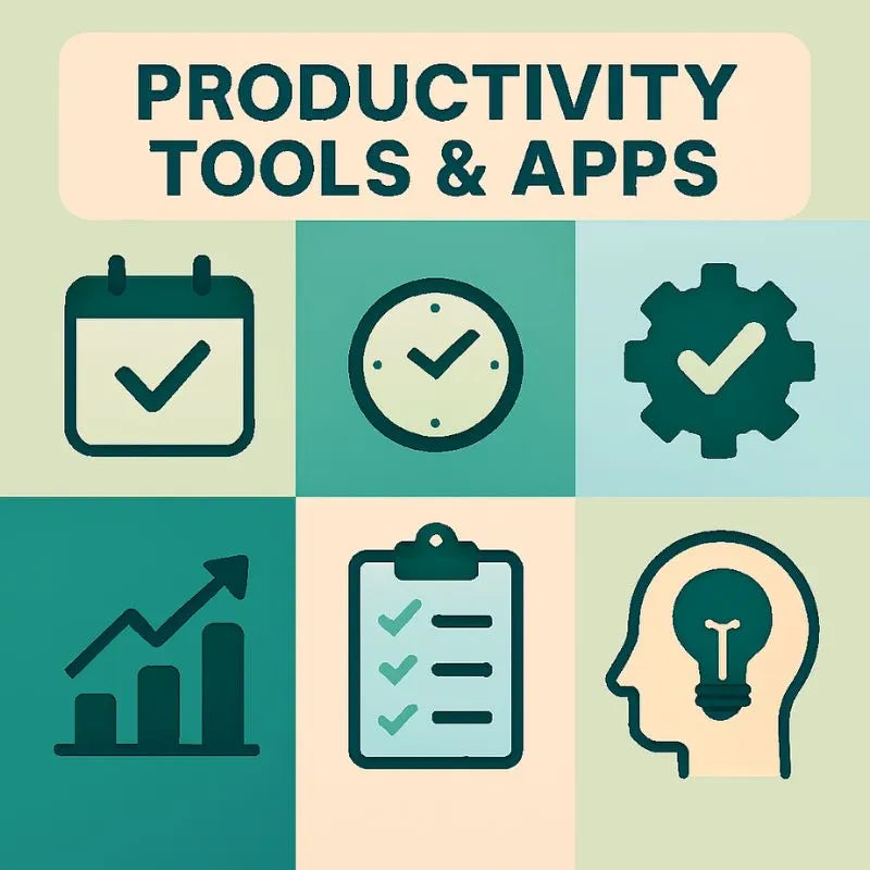 Icons and symbols related to productivity tools and apps on a green and beige background.