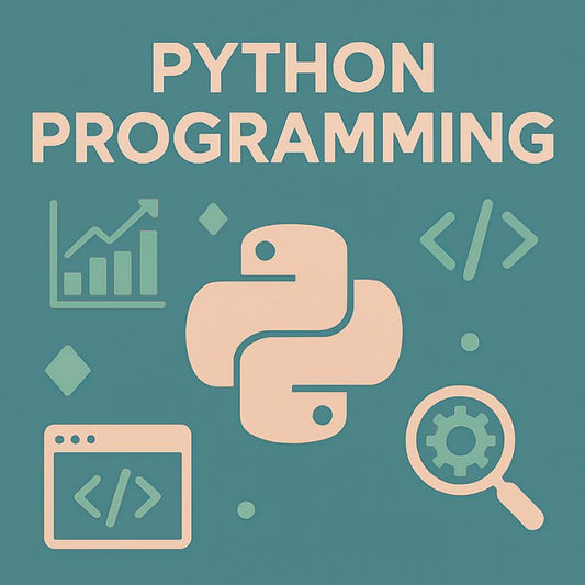 Python programming graphic with snake logo, code symbols, and magnifying glass on teal background