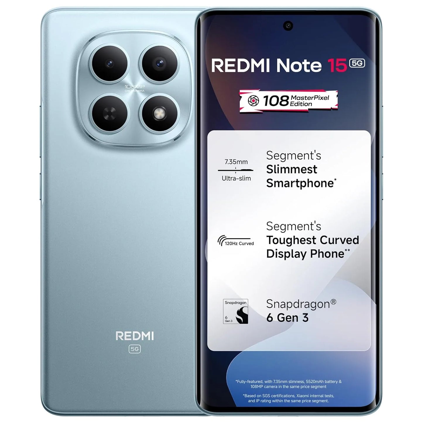 Redmi Note 15 smartphone with specifications displayed on a white background