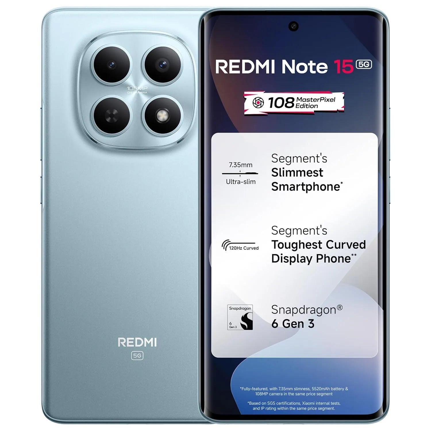 Redmi Note 15 smartphone with specifications displayed on a white background