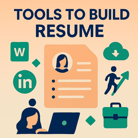 Illustration of tools to build a resume with icons and text on a beige background
