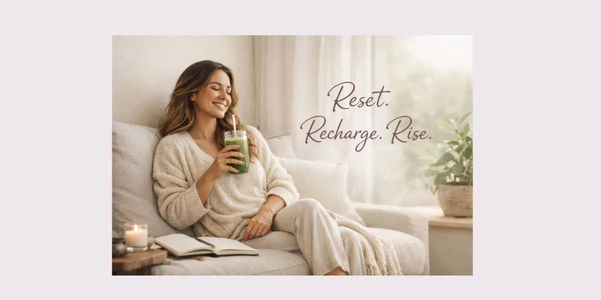 Woman sitting on a couch holding a green smoothie with text 'Reset. Recharge. Rise.' in a bright room.