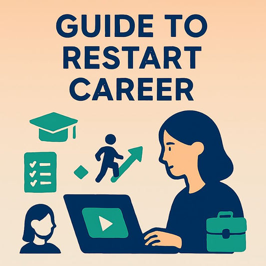 Guide to Restart Career with icons and a person using a laptop on a beige background
