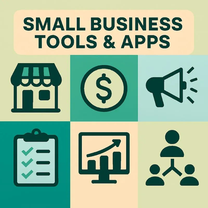 Icons representing small business tools and apps on a green and beige background.