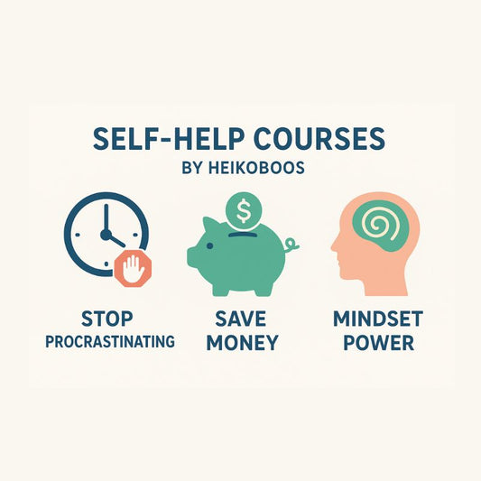 Promotional graphic for self-help courses by HeikoBoos with icons and text on a white background.