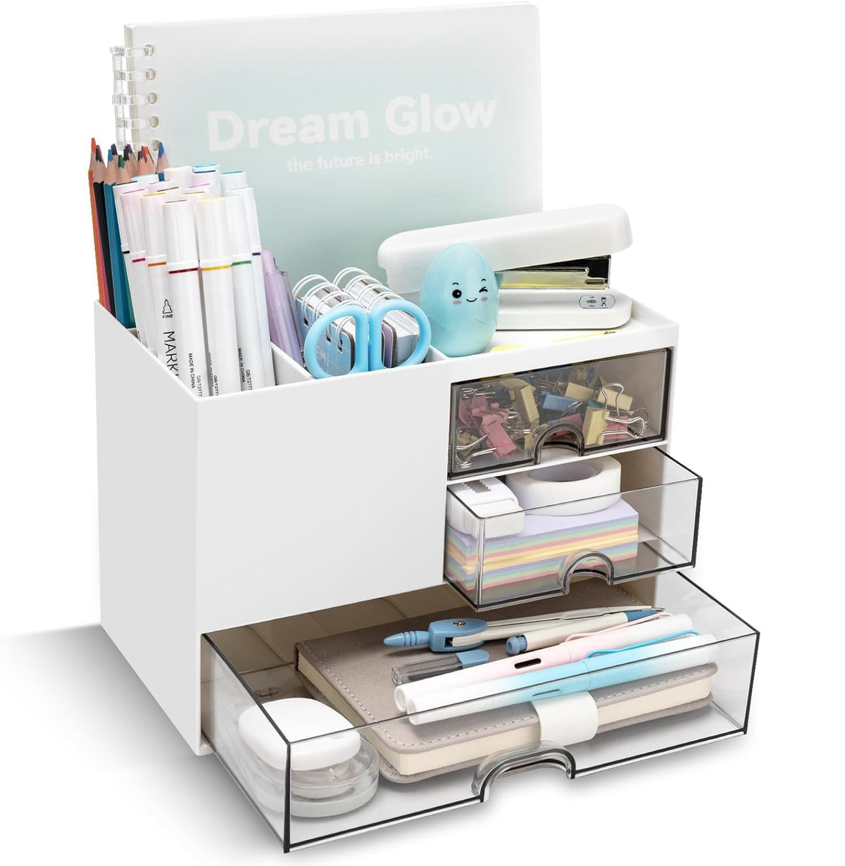 White desktop organizer with multiple compartments and two transparent pull-out drawers, shown filled with stationery items on a clean white background.
