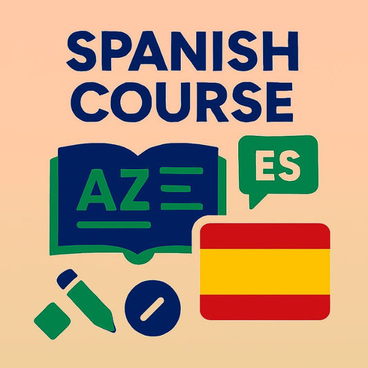Spanish course promotional graphic with book, speech bubble, pen, and Spanish flag on a beige background.