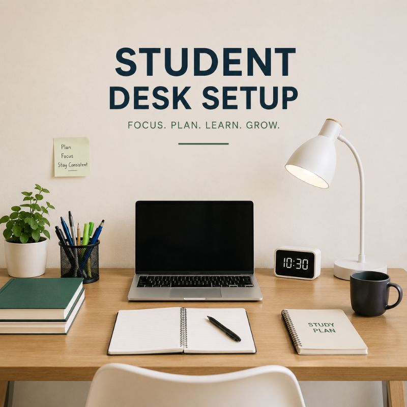 A styled student desk setup with a laptop, notebook, lamp, plant, pens, and a mug against a light wall with the text 'STUDENT DESK SETUP' and 'FOCUS. PLAN.