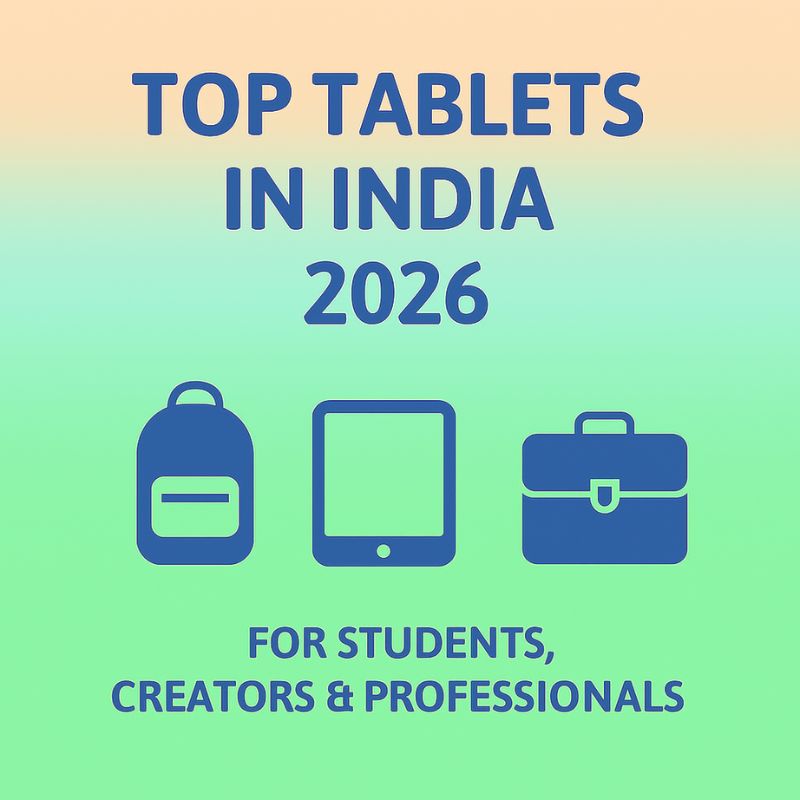 Promotional graphic for 'Top Tablets in India 2026' with tablet, backpack, and briefcase icons on a gradient background.