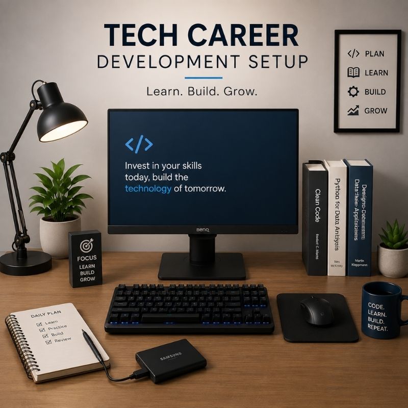 A styled tech workspace setup on a wooden desk with a computer monitor, keyboard, mouse, lamp, notebooks, books, and a mug. Large wall text reads 'TECH CAREER DEVELOPMENT SETUP' with the subtitle 'Learn.