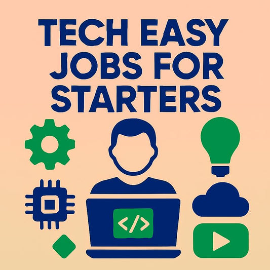 Illustration with text 'Tech Easy Jobs for Starters' and icons related to technology on a beige background.