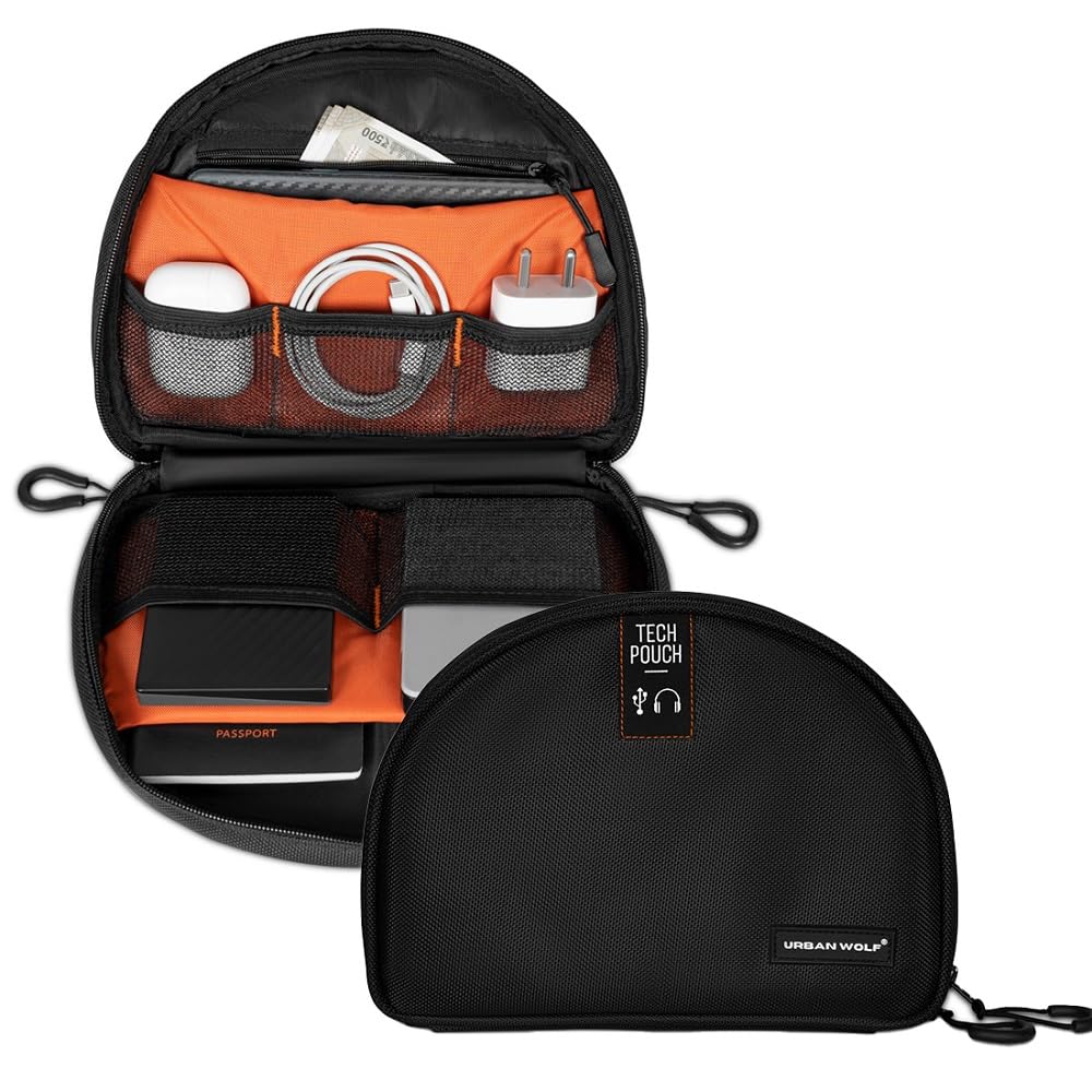 Black tech pouch with open compartment displaying organized electronic items on a white background