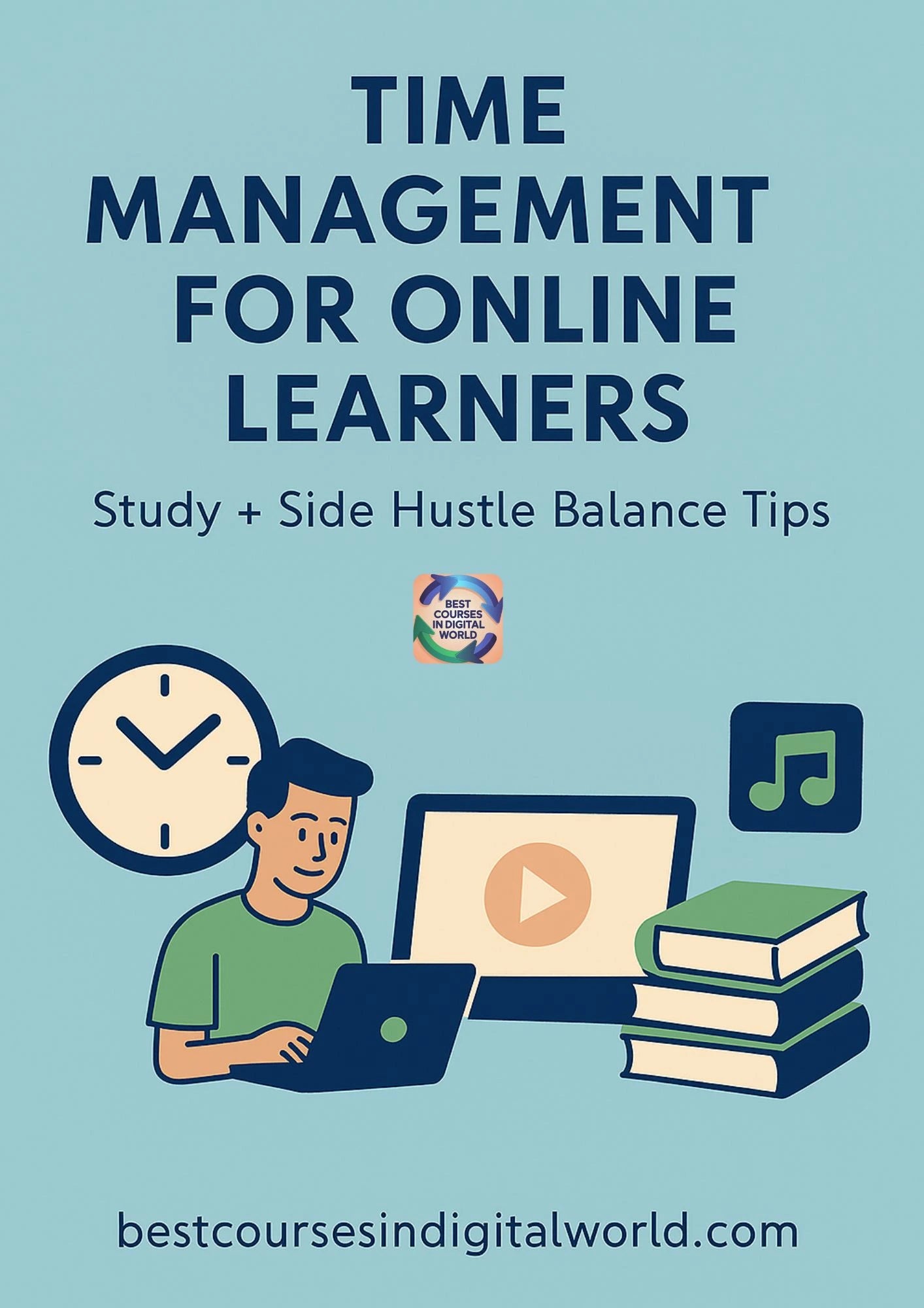 Book cover with text 'Time Management for Online Learners' and a person working on a laptop, surrounded by study materials and a clock.