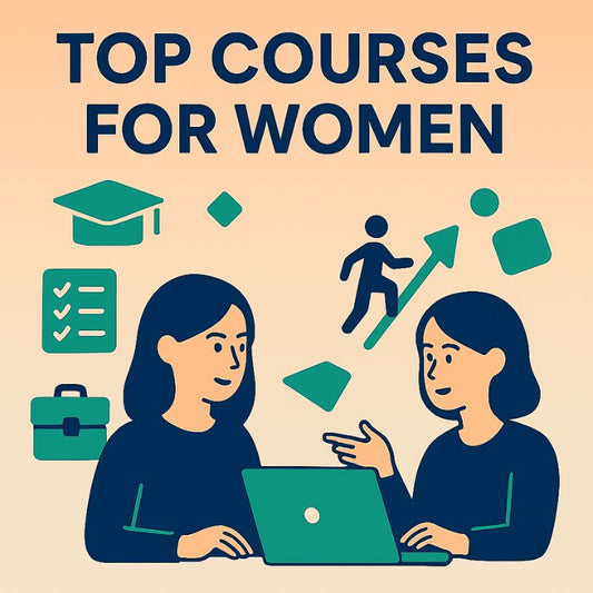 Illustration of two women working on a laptop with icons related to education and career advancement on a beige background.